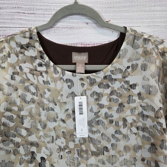 Chicos Asymmetrical Jayma Animal Print Blouse L Desert Beige Sheer Layer Top NWT - Picture 3 of 12